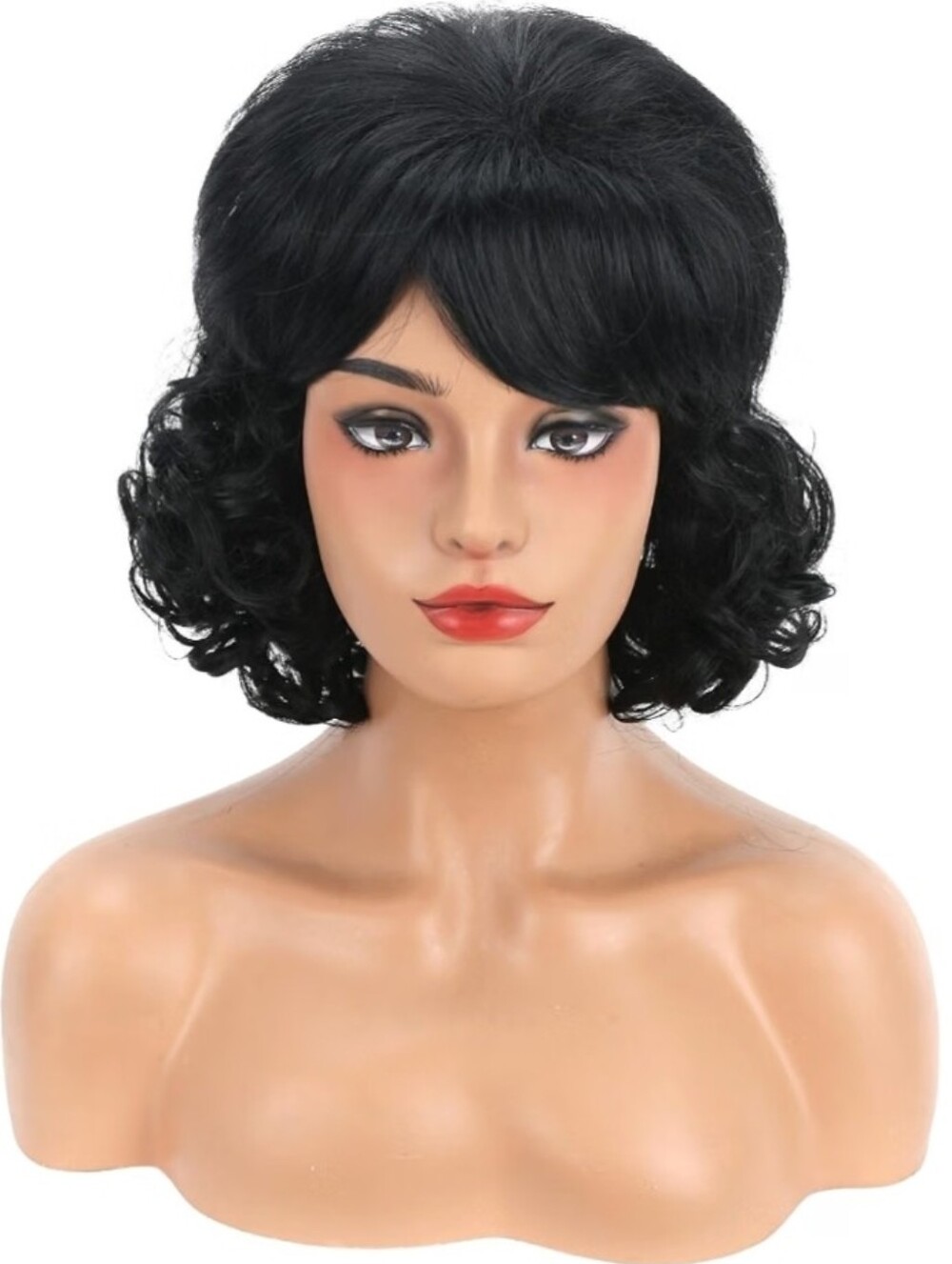 Black Short Beehive Wig with Bangs Curly 70s 80s Halloween Cosplay Party Wig
